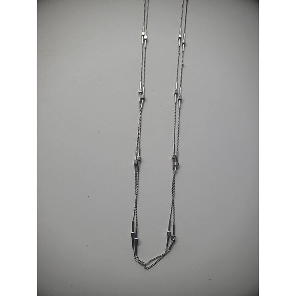 Vintage Necklace Silver Tone Double Strand Chain Bead Bar Jewelry Costume - Picture 10 of 12